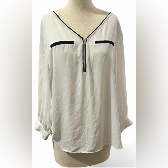 7th Avenue Design Studio New York & Company White & Black Zip-Up Blouse Size XL - Picture 1 of 3